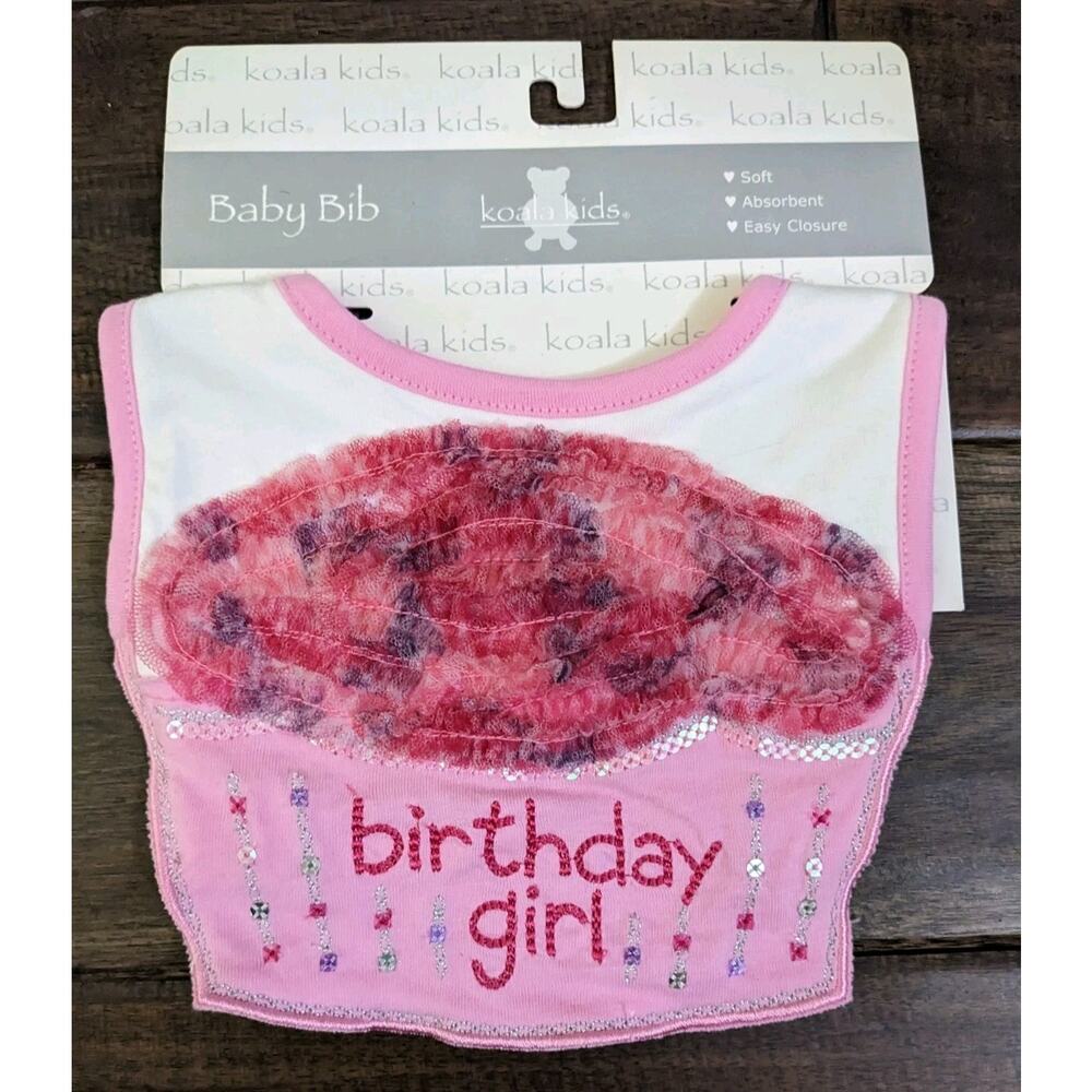 NEW KOALA KIDS BABY BIRTHDAY GIRL CUPCAKE PINK FEEDING BIB Ruffle Embroidered